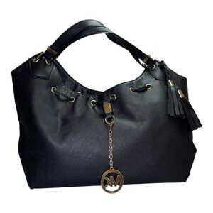 Michael Kors Large Black Leather Tote Bag with Tassels & MK Charm — Classic Hobo